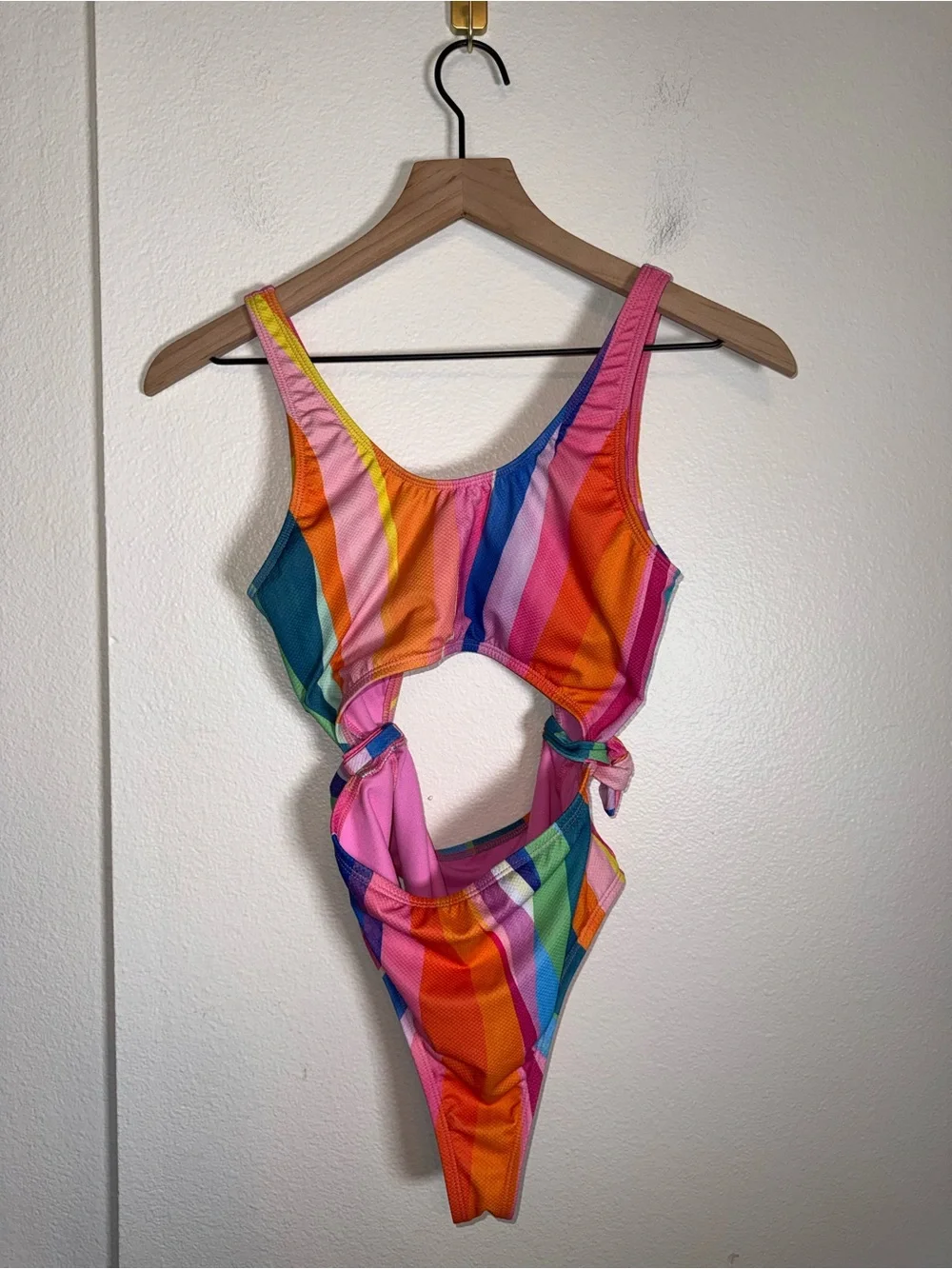 HOBIE  Girl's cutout Side Tie Rainbow One Piece  Swimsuit Pink Trim 14
